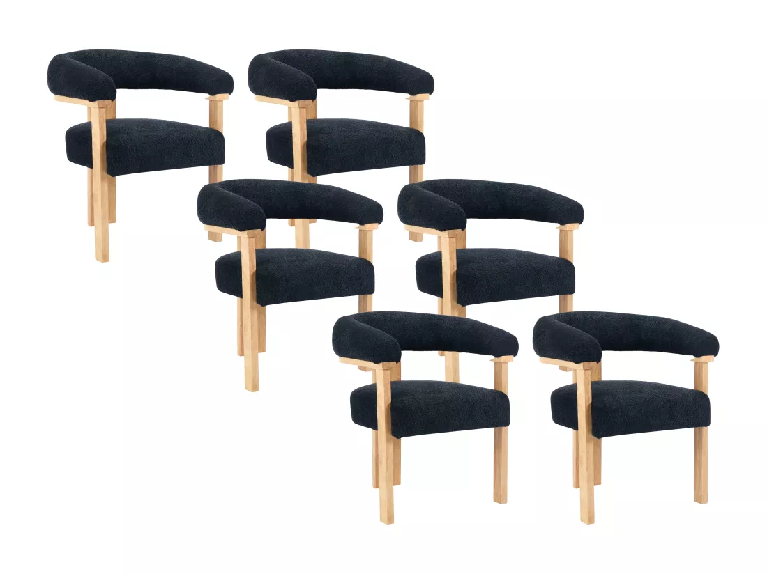 Lot de 6 chaises avec accoudoirs en tissu bouclette et bois d'hévéa naturel - Noir - LIVELIA de Pascal MORABITO