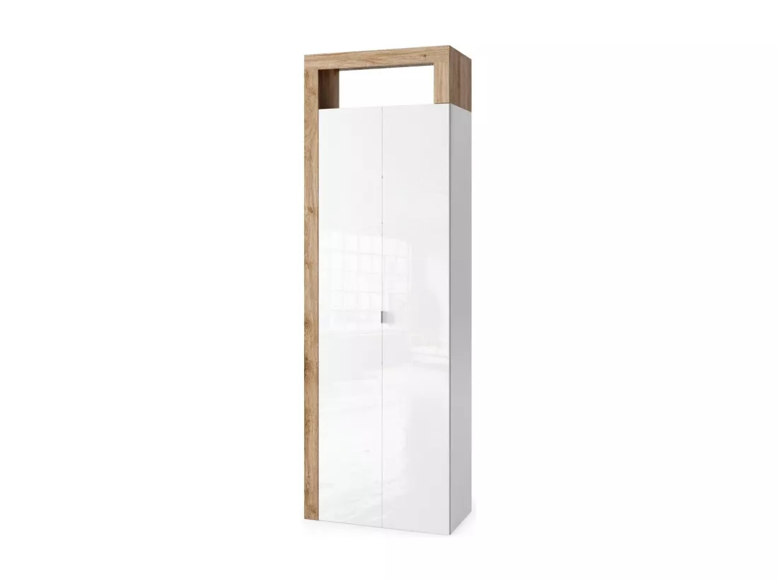 Armoire de salle de bains, 2 portes, collection BURA. Coloris blanc brillant laqué et chêne clair