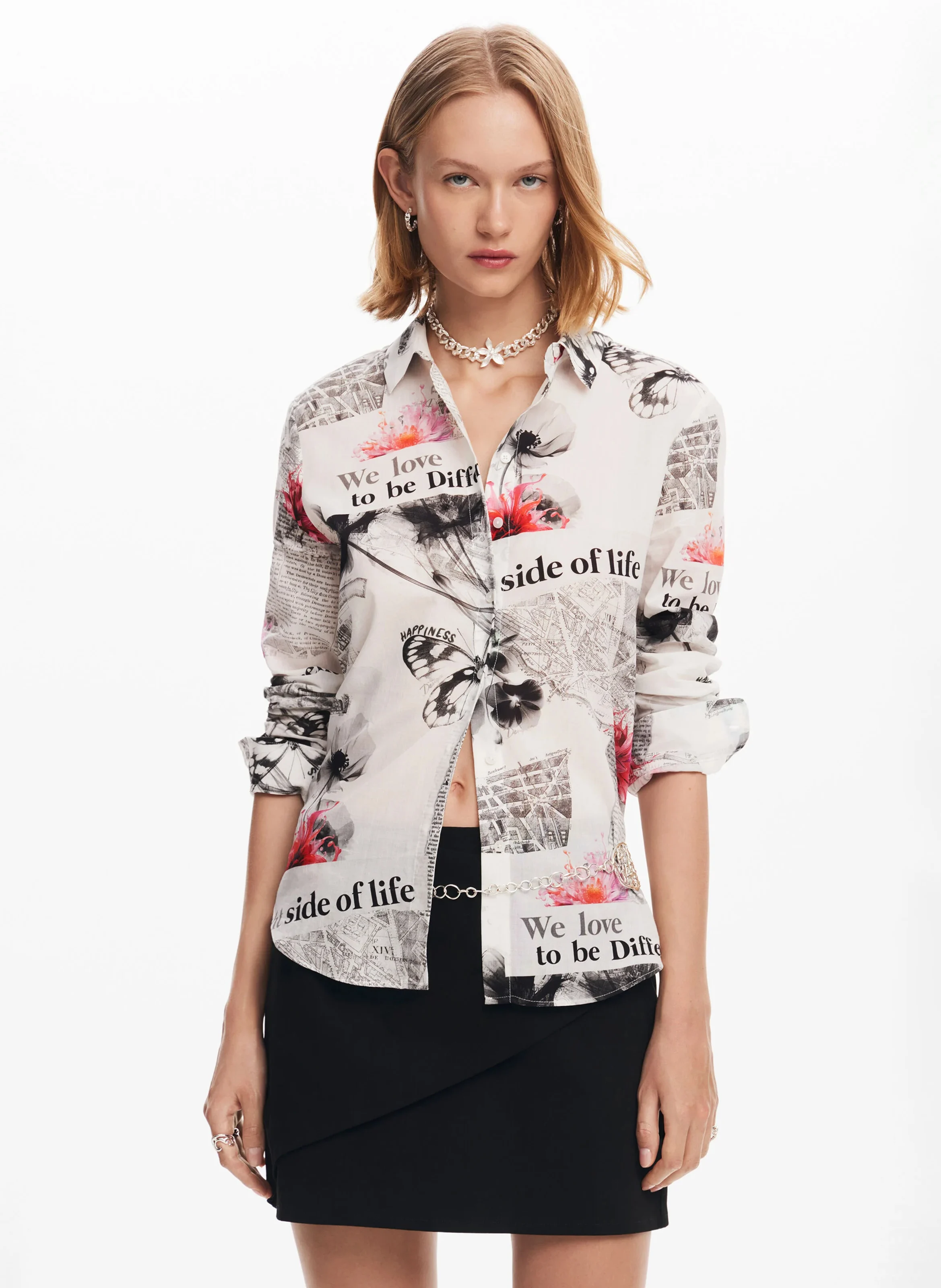Chemise col classique droite en coton imprimé | Blanc