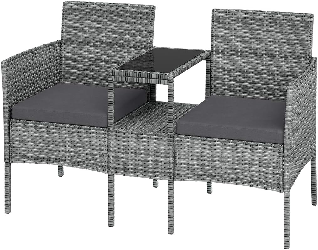 STEELSØN Gartenbank mit Tisch Velara aus Polyrattan, Sitzgruppe für 2 Personen, Balkonmöbel 2er Sofa mit Polster wetterfest, Gartensofa Terrassenmöbel in grau-meliert/anthrazit 81x65x135 cm (HxTxB)