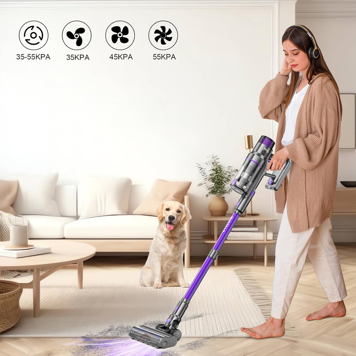 Vistefly V15s Max Akku Staubsauger Kabellos 55000Pa 75 Minuten, 580W Kabelloser AkkuStaubsauger mit Touchscreen 8 in 1 Staub Automatisch Erkennen für Tierhaare Hartböden Teppich