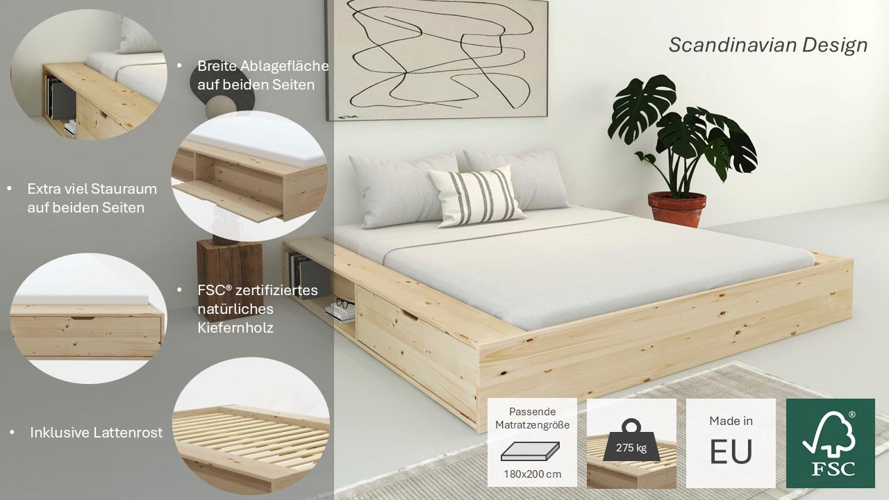 Home affaire Massivholzbett »Erno, OTTOs Choice, TOPSELLER, Stauraumbett Futonbett, 275KG belastbar« Breite/ Belastbarkeit: 120cm/275 KG, 180cm/275 KG,  mit Lattenrost, FSC® zertifiziert, viel Stauraum + Ablagen