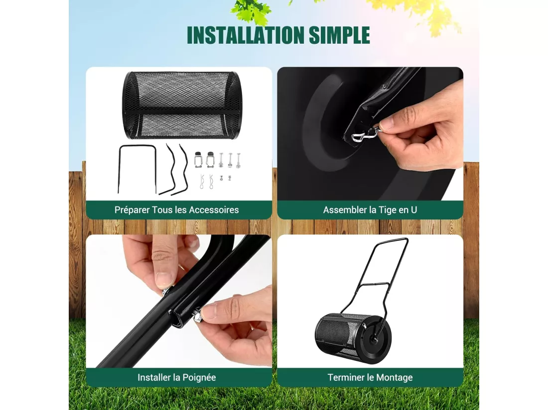 Épandeur à Compost de 60,5 cm Rouleau en Treillis Métallique, Épandeur de Gazon avec Poignée en Forme de ‘U’ Loquets Latéraux, pour Entretien du Jardin et Pelouse(Noir)