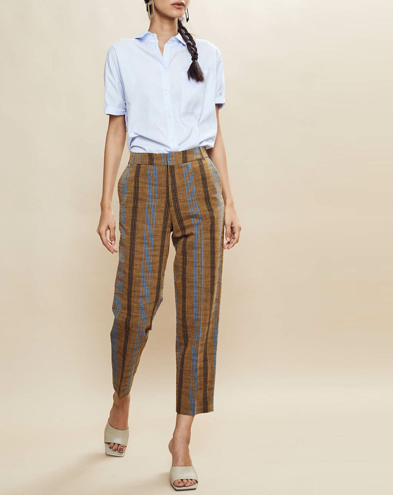 Chloé Stora Pantalon en Coton & Lin rayé Pavel marron