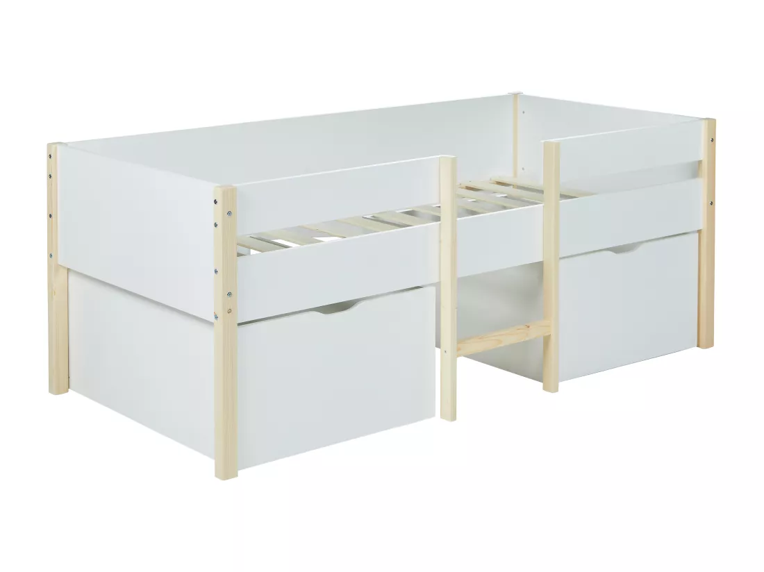Lit mi-hauteur SISSY - 2 tiroirs - 90 x 190 cm - Blanc et chêne