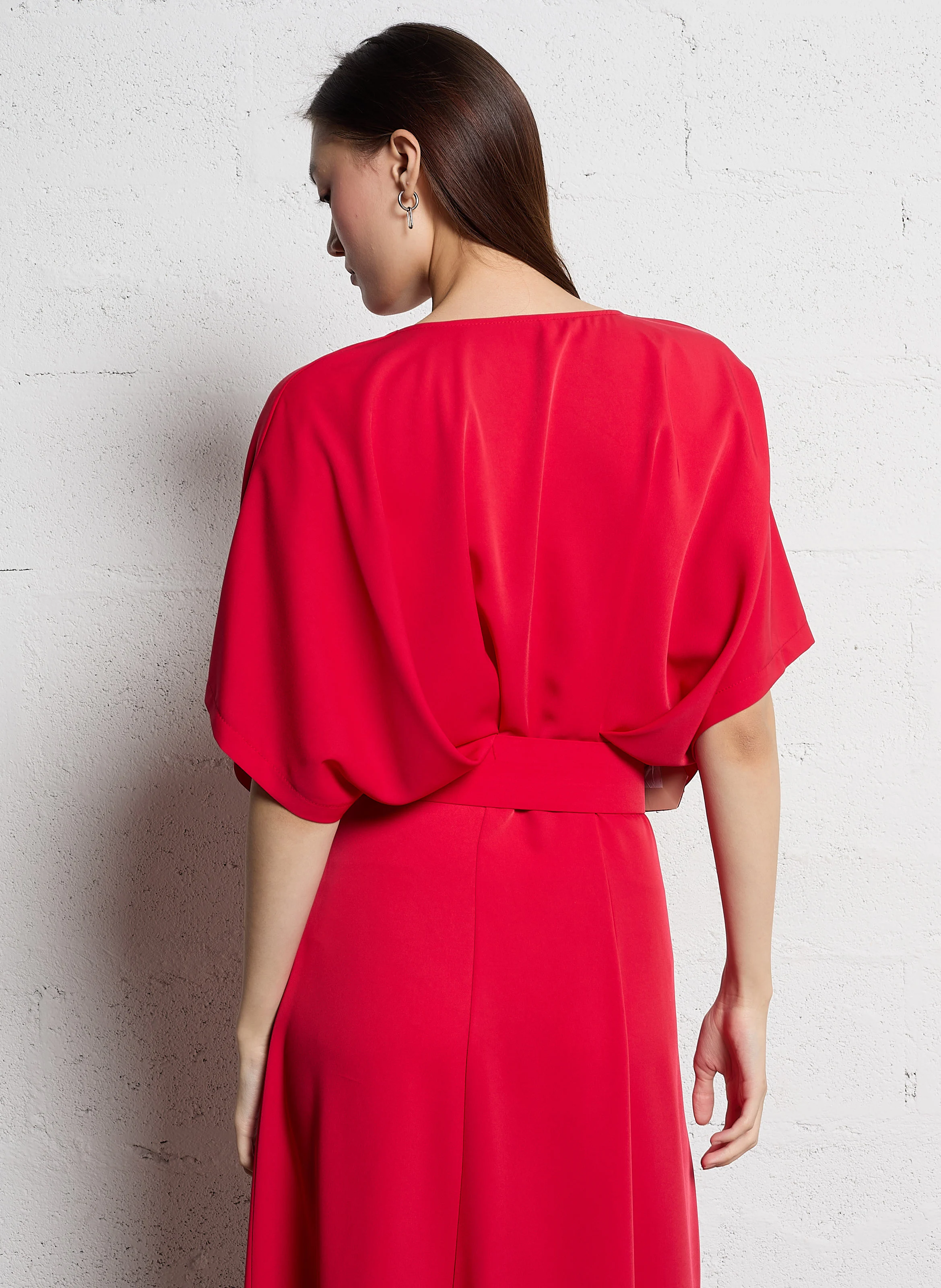 Robe longue col rond ceinturée | Rouge
