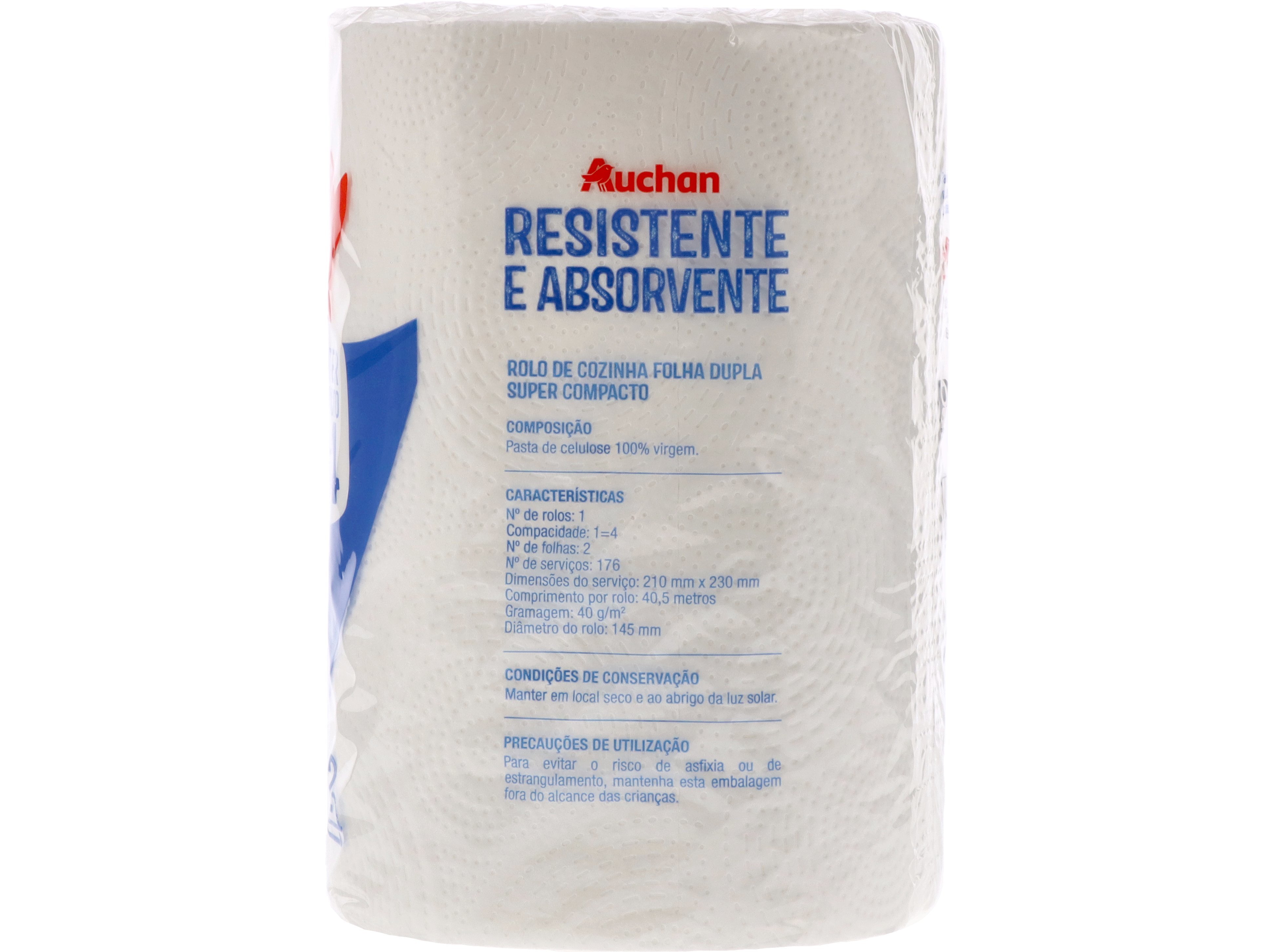ROLO COZINHA AUCHAN RESISTENTE E ABSORVENTE 2 FOLHAS SUPER COMPACTO 1 ROLO = 4 ROLOS