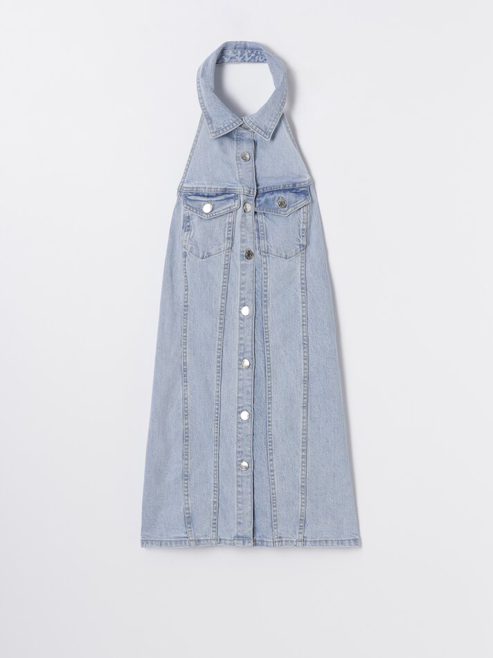 Vestido jeans com decote halter - Azul claro