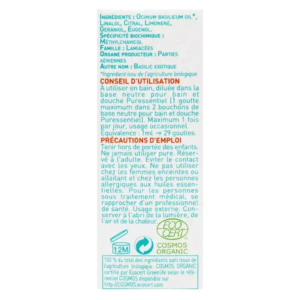 Óleo Essencial de Manjericão Orgânico Puressentiel 5ml