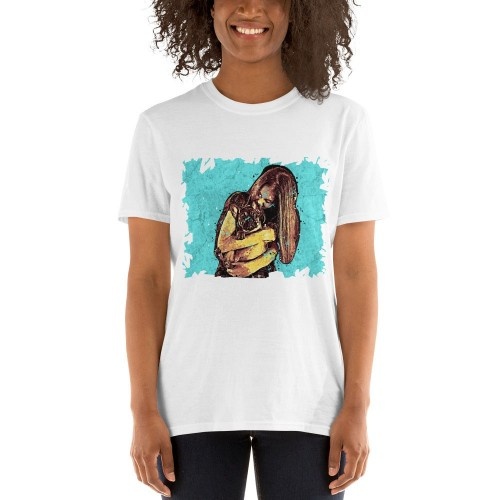 Camiseta feminina personalizada Mascochula com grafite apresentando seu animal de estimação, branca