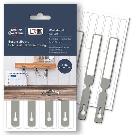 Avery Zweckform 62030 Beschreibbare Schlüssel-Kennzeichnung, Div. Formate, Anhänger 14 x 127 mm; Etikett 10 x 59 mm, 4 Stück/16 Etiketten, grau, weiß