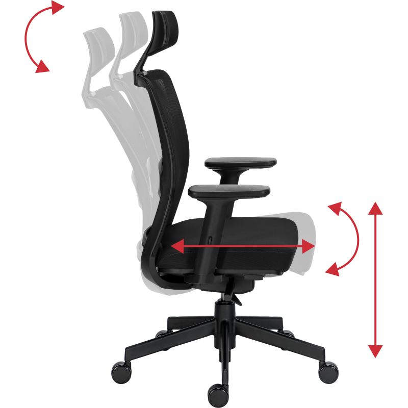 Chaise de bureau ERGO MOOV' - Tissu et maille - Dossier avec soutien lombaire rembourré  - Appui-tête - Accoudoirs - Mécanisme synchrone avec réglage profondeur d'assise