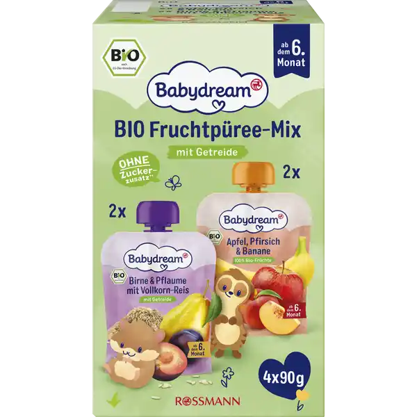 Bio Fruchtpüree-Mix Apfel Pfirsich Banane + Birne Pflaume Reis