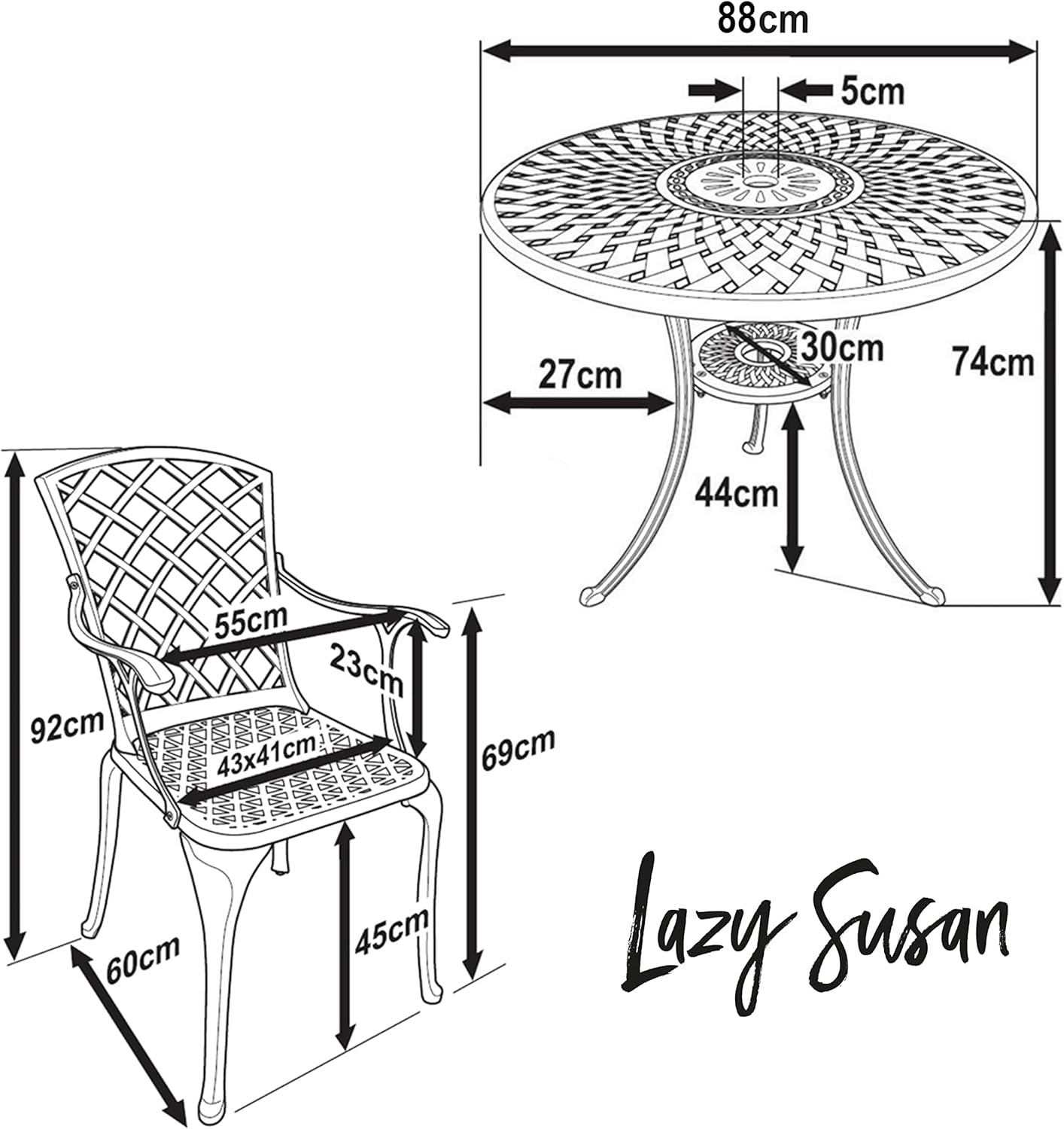 Lazy Susan 88 cm Runder Mia Gartentisch in Antik Bronze mit 2 Emma Stühlen, Ohne Sitzkissen | Nachhaltiges Sandguss-Aluminium | Wetterfest | Rostfrei | Wartungsarm | 3 Jahre Garantie