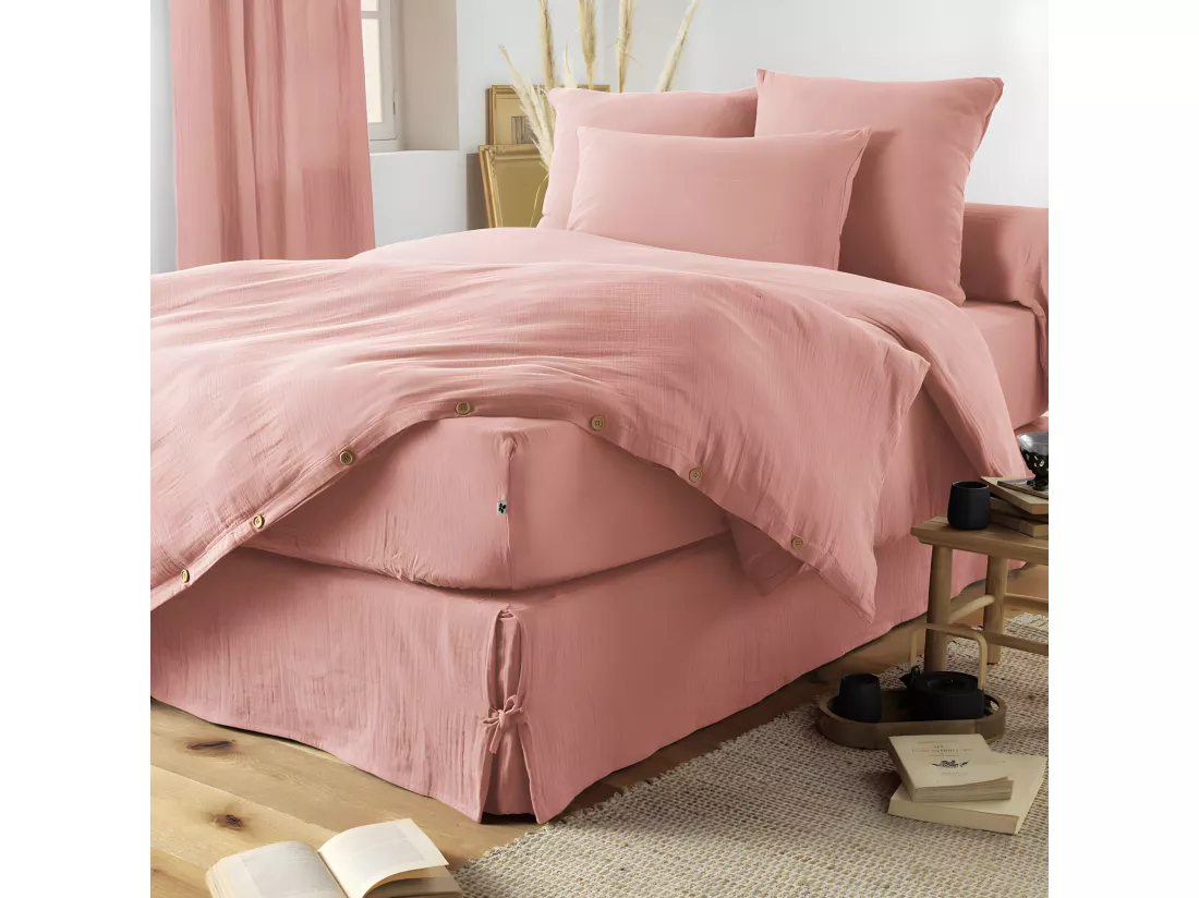 OUREA - Drap Housse 140x190cm Gaze de Coton Rose Pêche