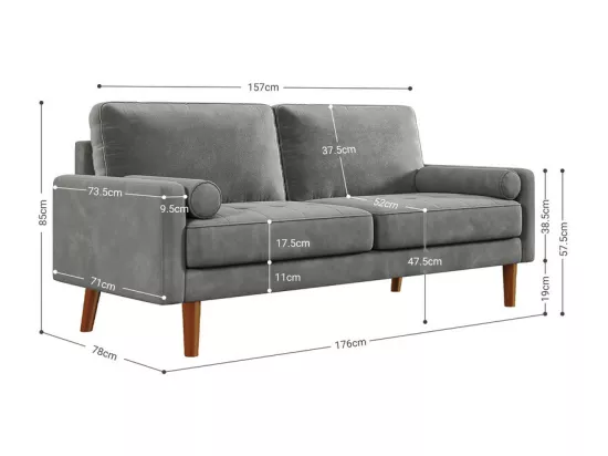 Canapé droit en Velours gris et bois massif - 3 places - charge max 300kg - 176x78x85cm