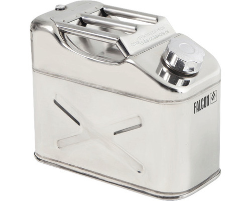 Falcon veiligheidsjerrycan met draagbeugel, schroefdop en transportgoedkeuring, 10 l roestvrij staal inclusief schenktuit.