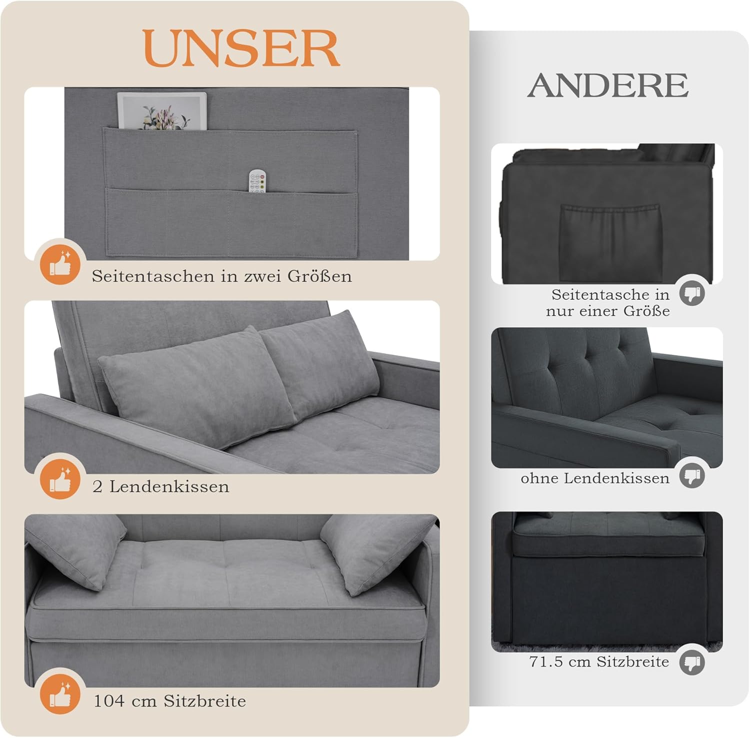 Schlafsofa 186 x 122 cm mit 5-stufig Verstellbarer Rückenlehne, 3-in-1 Schlafcouch mit Kissen und Seitentasche, hellgraues Leinen-Sofa für Gästezimmer & kleine Räume