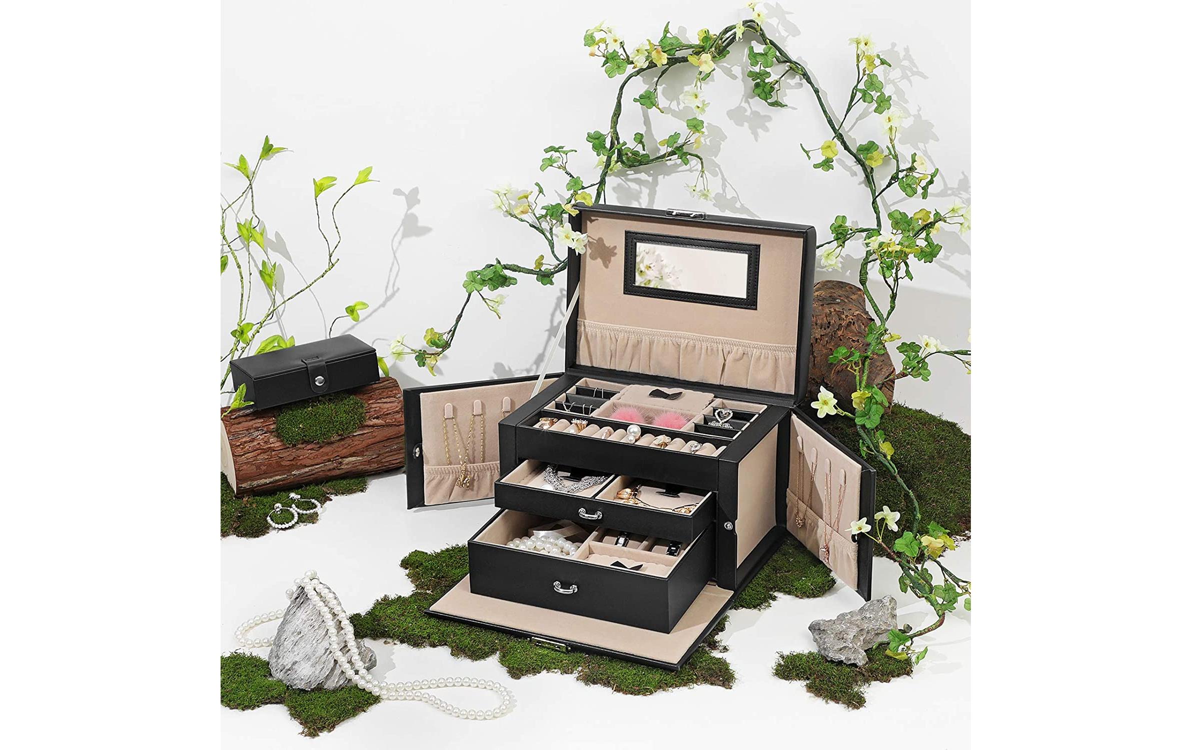 Schmuckschatulle mit 3 Ebenen, Schwarz, KunstlederSchmuckbox abschliessbar