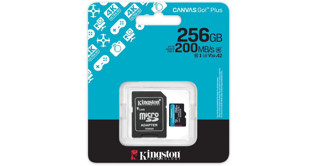 KingstonCanvas Go! Plus microSDXC 256 GB geheugenkaart  (Zwart, Incl. adapter, Class 10, UHS-I U3, V30, A2)