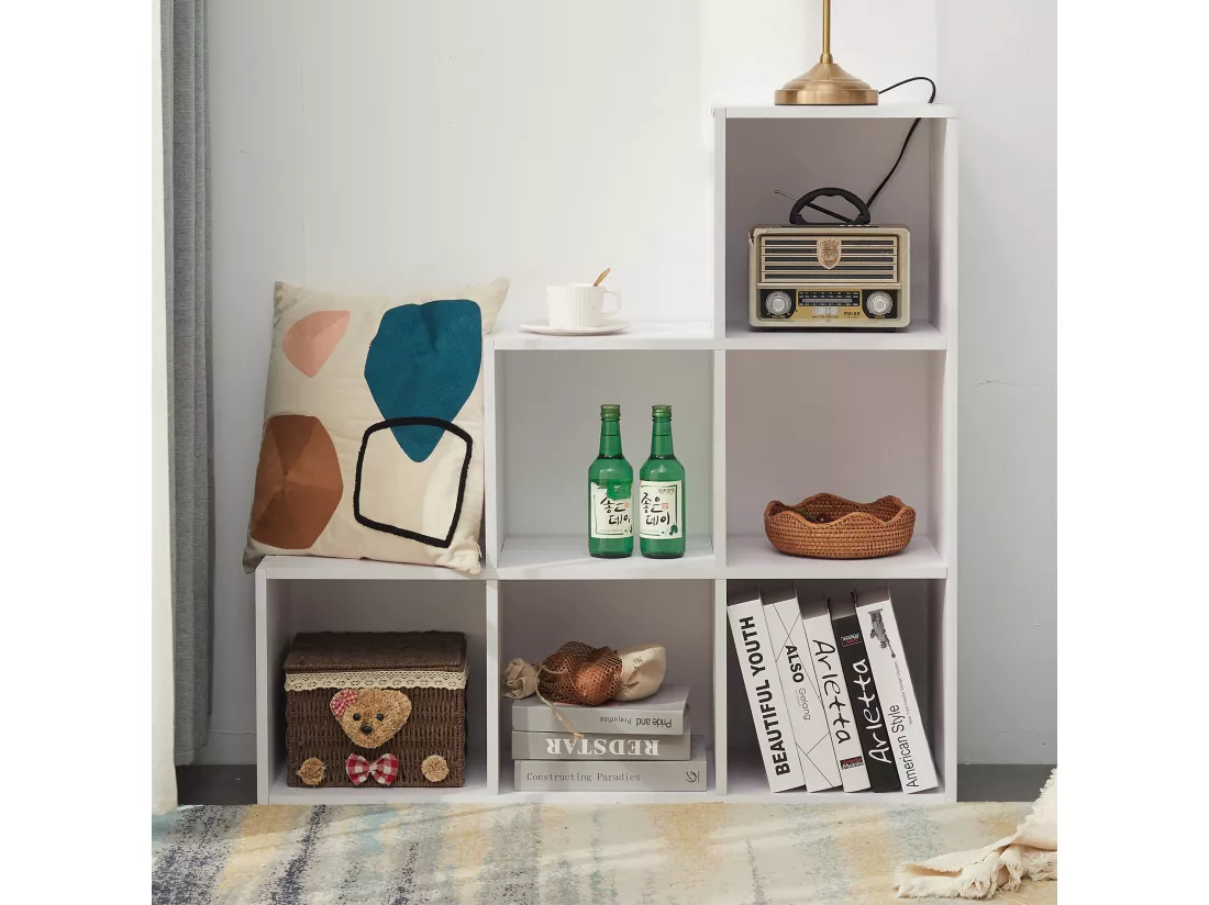 Etagère Bibliothèque Blanc Bois 6 Niveaux Salon 97,5x97,5x29 Cm