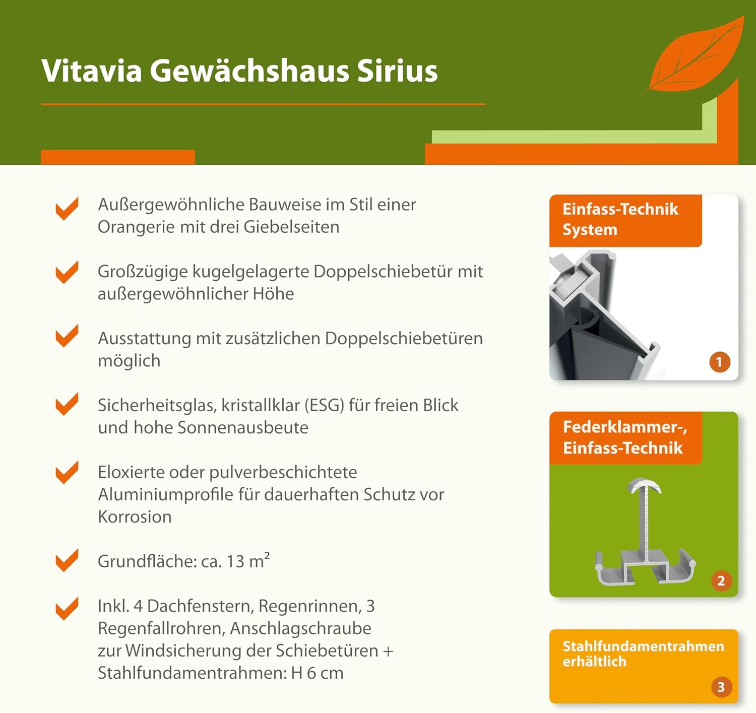 Vitavia Gewächshaus Sirius, Aluminium eloxiert, 3 mm ESG | Wetterfestes & stabiles Treibhaus | Perfekt für Gemüse & Pflanzen | Robust & langlebig