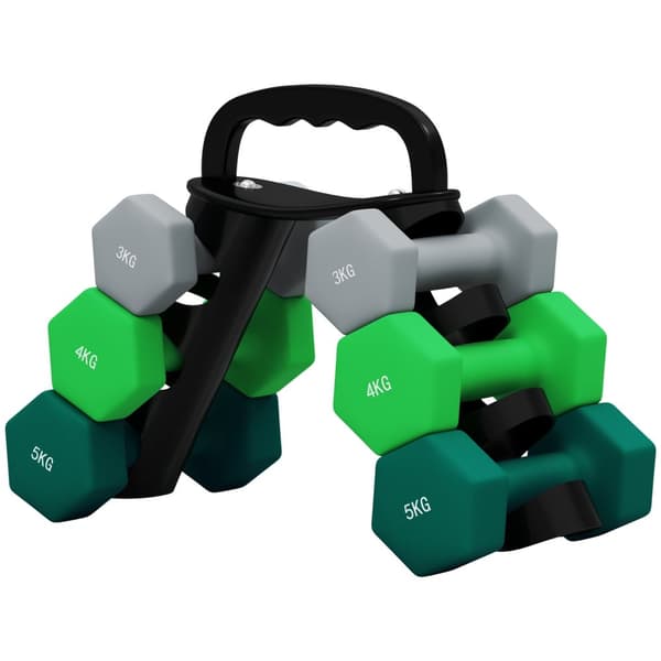 Sett med 6 manualer 2 x 3 kg, 2 x 4 kg, 2 x 5 kg, manualsett med stativ, hexagon manualsett, for styrketrening, fitness hjemmetrening, grå+grønn+turki