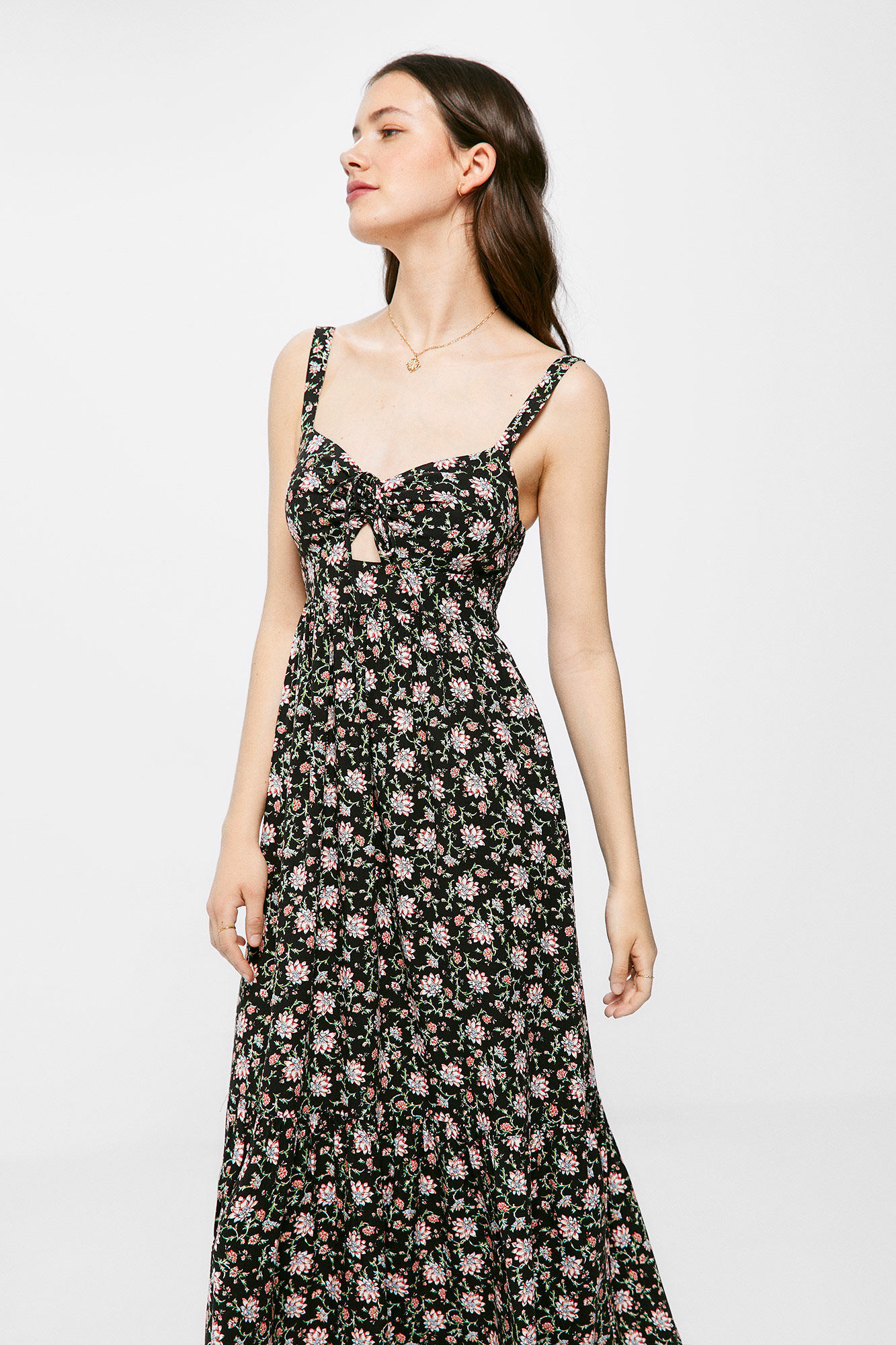 Vestido Midi Estampado Escote Nudo - preto