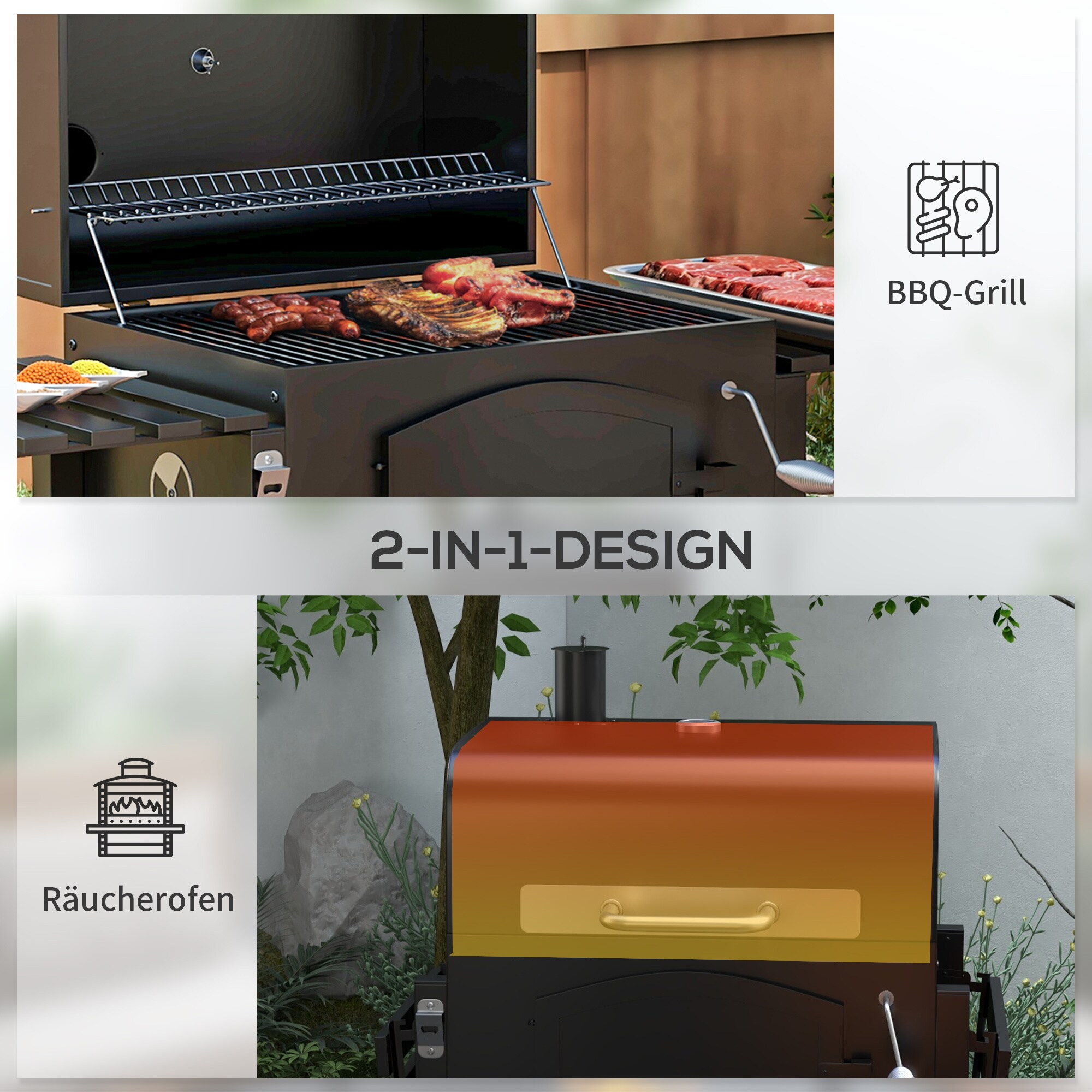Outsunny Holzkohlegrill mit Thermometer schwarz 124L x 66B x 112H cm