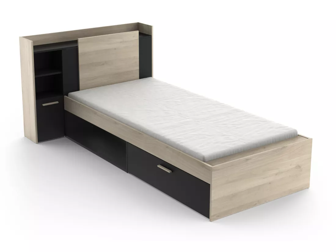 Lit modulable 90 x 190/200 cm avec rangements - Noir et naturel + Sommier + Matelas - MARTELO