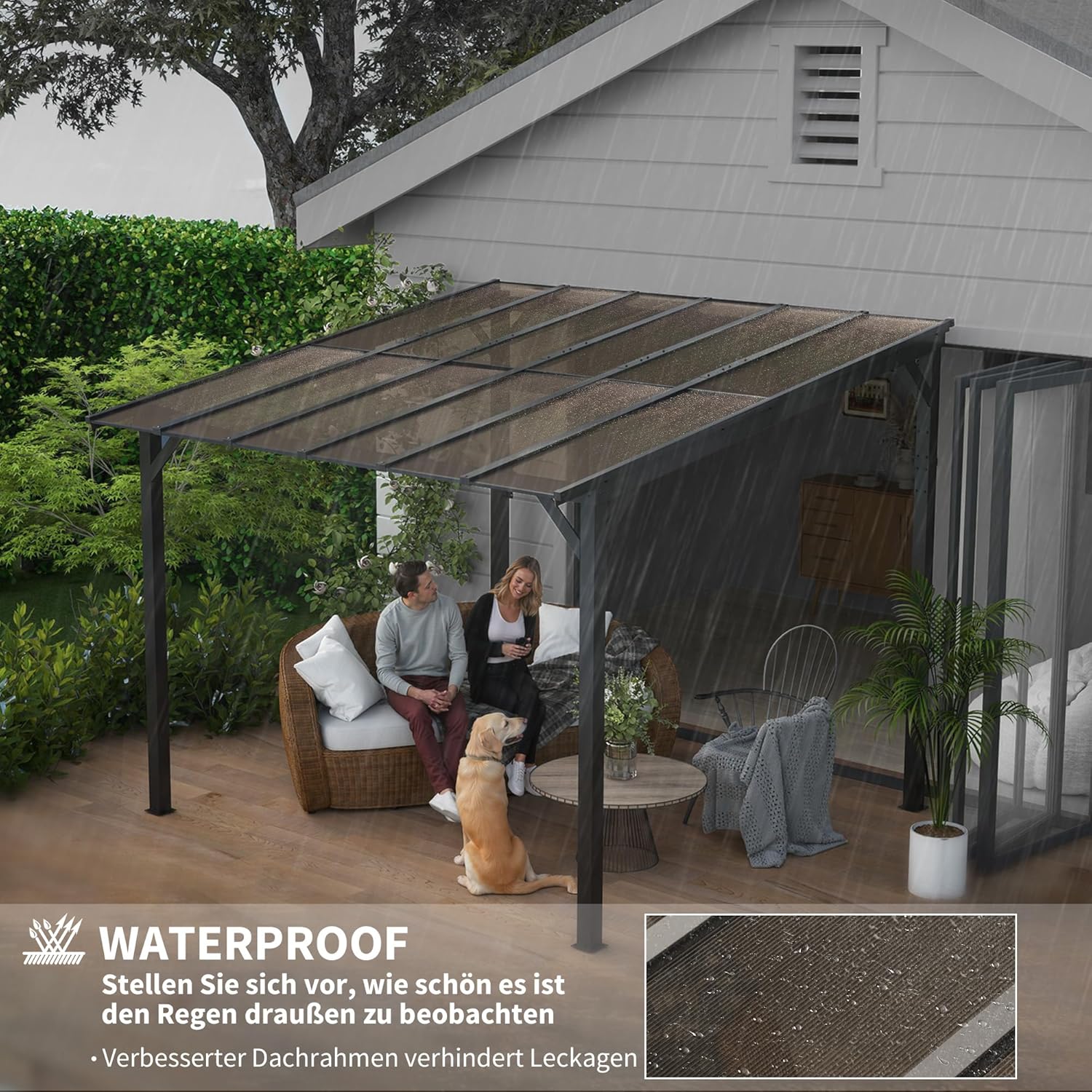Outsunny Pergola Pavillon ca. 3x3m, Wasserdicht, Stabil, Winterfest Terrassenüberdachung mit UV-Schutz 50+, Wandmontiert Gartenpavillon aus Metall, Sonnenschutz für Garten Terrasse Balkon Dunkelgrau