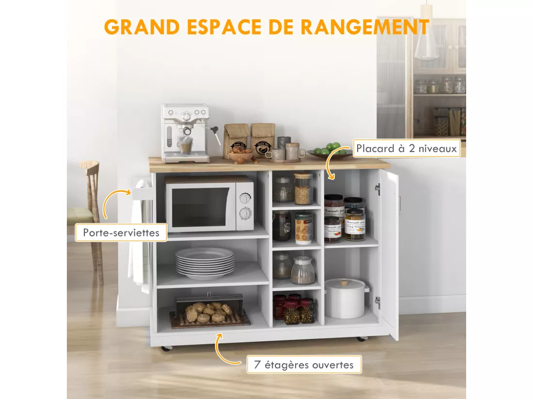 Desserte de cuisine îlot multi-rangement MDF blanc plateau bois hévéa verni