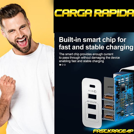 Carregador rápido de 4 portas e 36 W para celular, smartwatch e fones de ouvido.