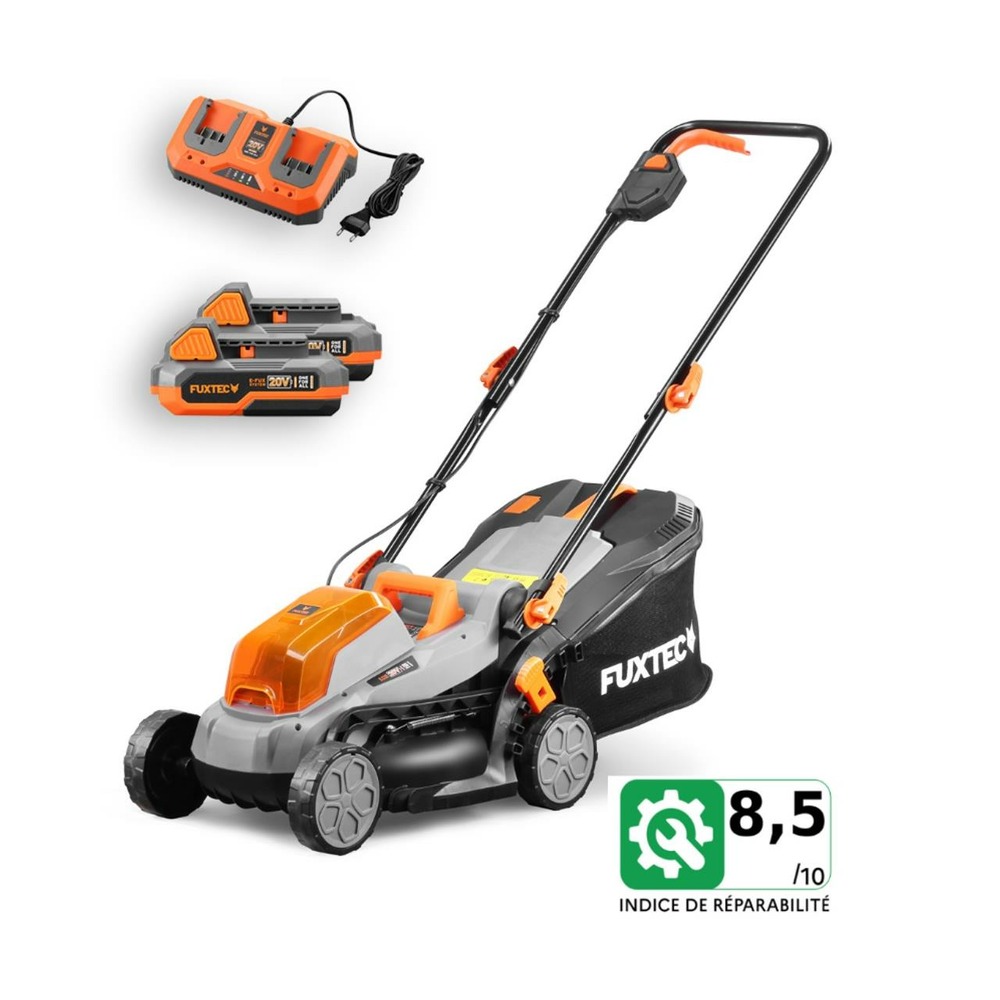 Tondeuse gazon batterie 40v (2x20v) - fx-e1rm20 - largeur 33cm 2 batteries li-ion 2ah, double chargeur 2,4a, bac 35l