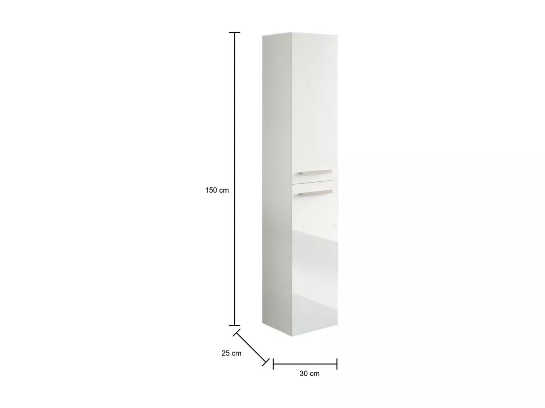 Colonne de salle de bain Alexandria, Armoire colonne de salle de bain avec 2 portes, Armoire murale suspendue avec 2 étagères, 30x25h150 cm, Blanc brillant