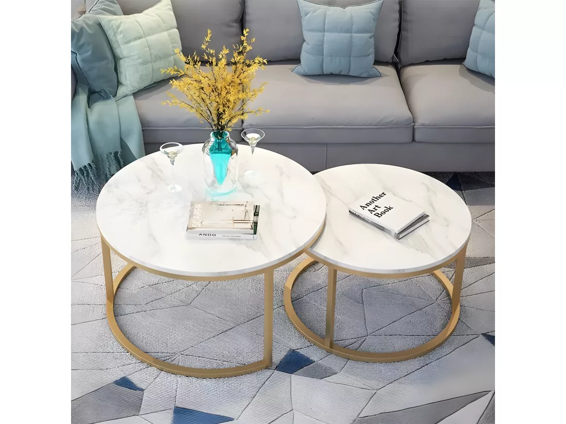 Lot de 2 tables basses gigogne arto gold pleateau verre effet marbre blanc