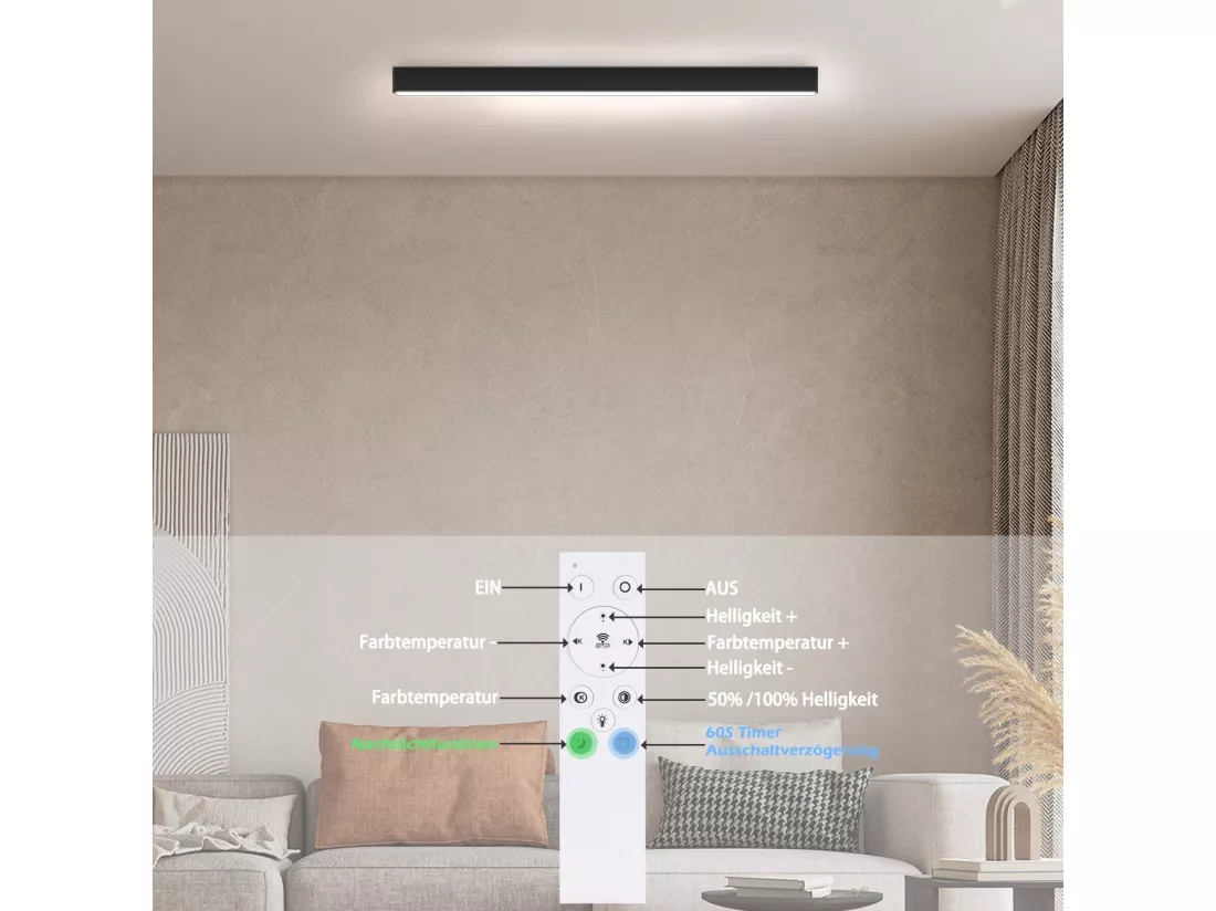 NETTLIFE Plafonnier LED Salon - Lampe 25W Noir Cuisine Long 80cm Panneau de Lampe Intensité Variable avec Télécommande Moderne pour Chambre Couloir