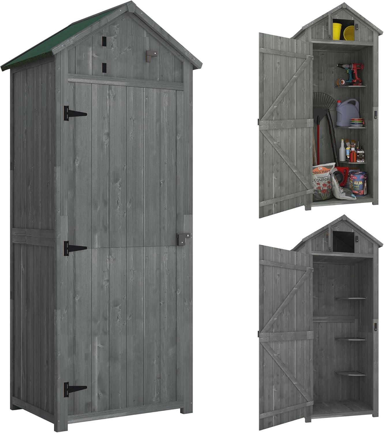 Outsunny Gartenschrank Holz, Geräteschuppen wetterfest 77x54,2x179cm, Gerätehaus mit Tür, Satteldach, Geräteschrank mit Böden, Werkzeugschrank Gartenschuppen für Garten, Terrasse, Grau+Grün
