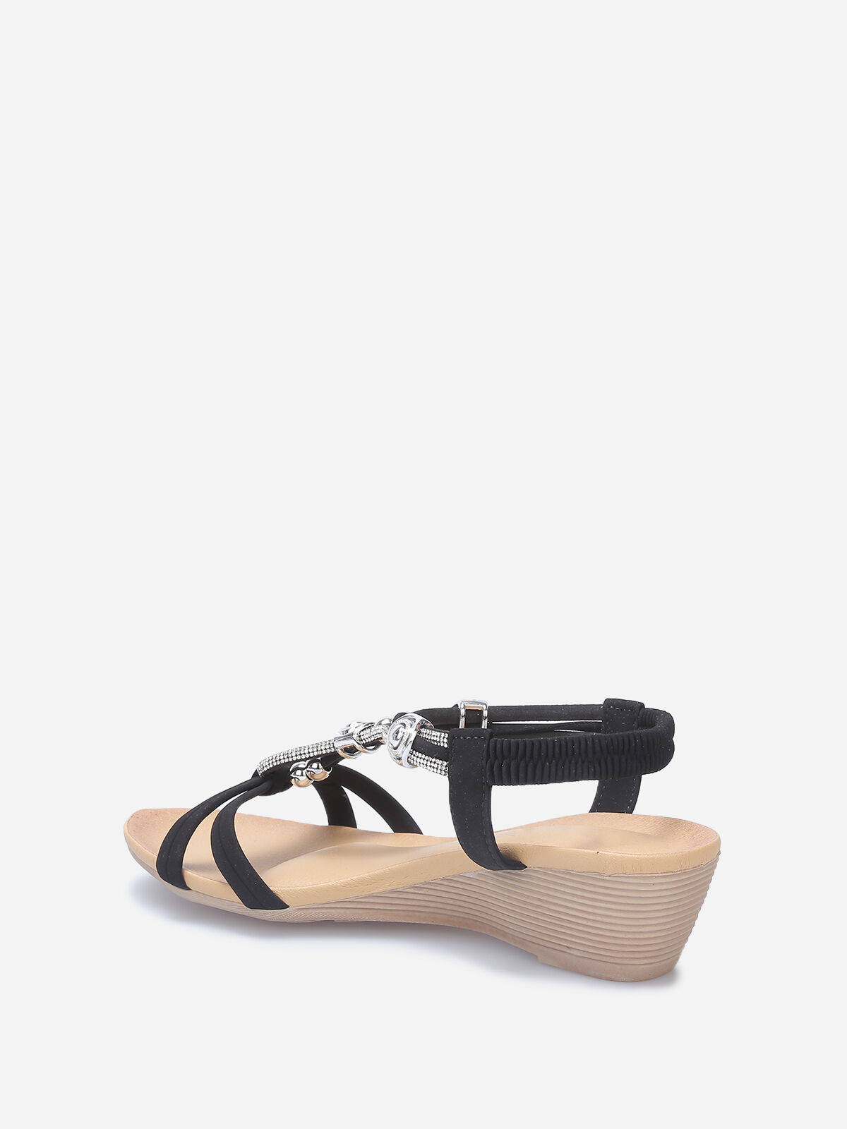 Sandales compensées à perles et strass- Noir