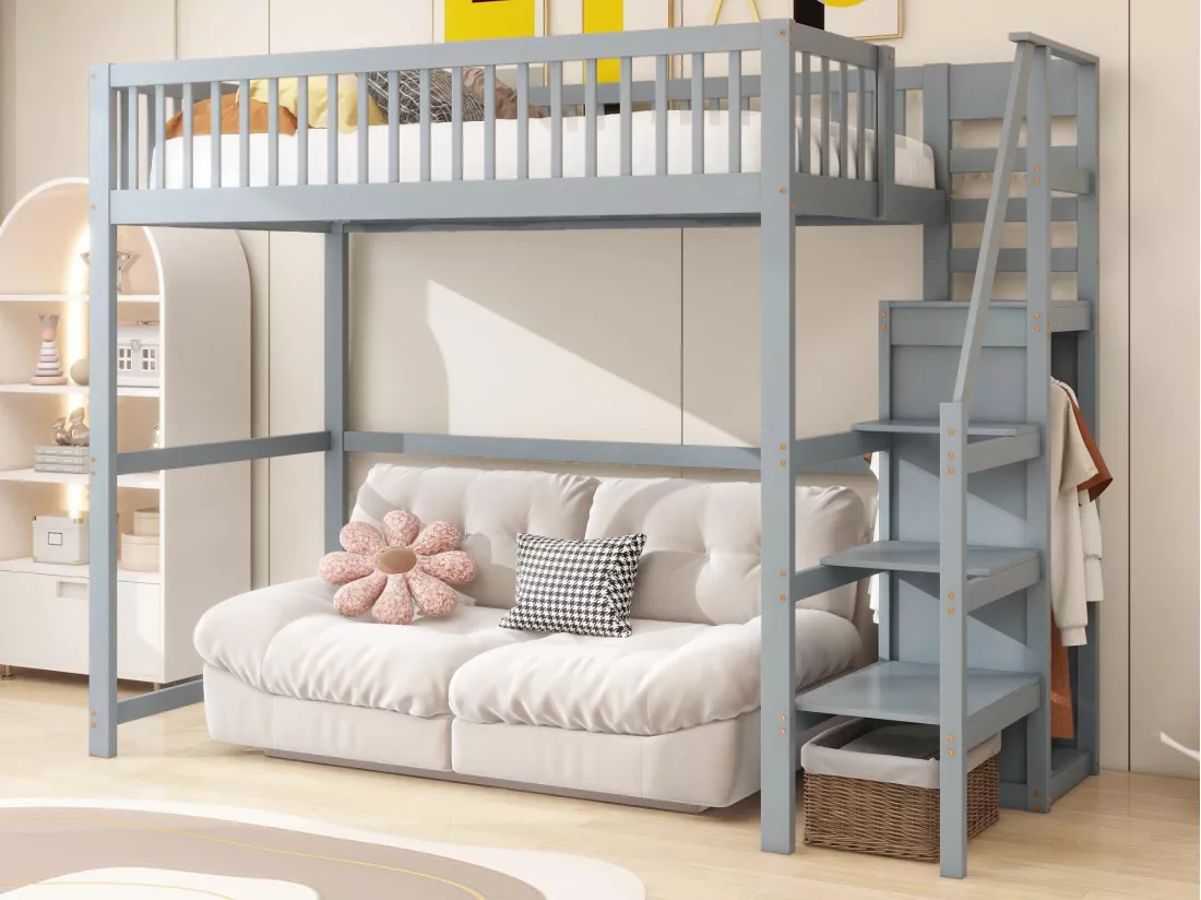 Lit mezzanine 90x200cm en bois - avec une armoire - Gris