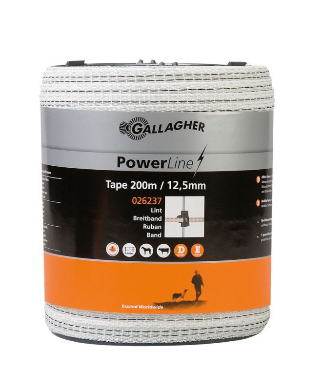 Gallagher PowerLine Lint 12,5 mm - 16.2 cm - 200 Meter - Wit - 1.25 cm - 20000 cm