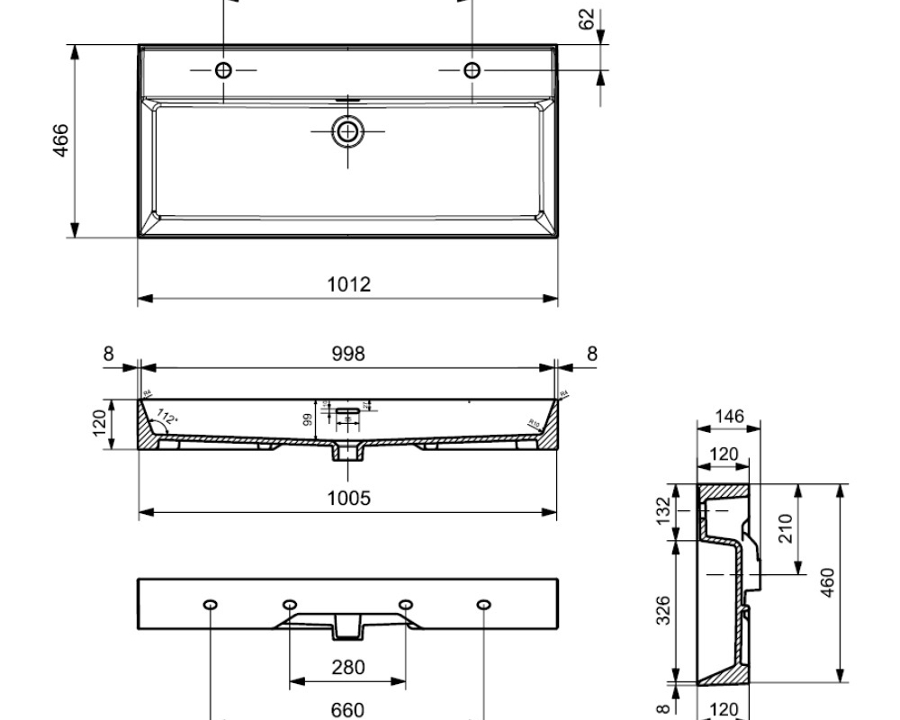 Plieger Kansas wastafel met 2 kraangaten met overloop 100x46.6cm mat wit