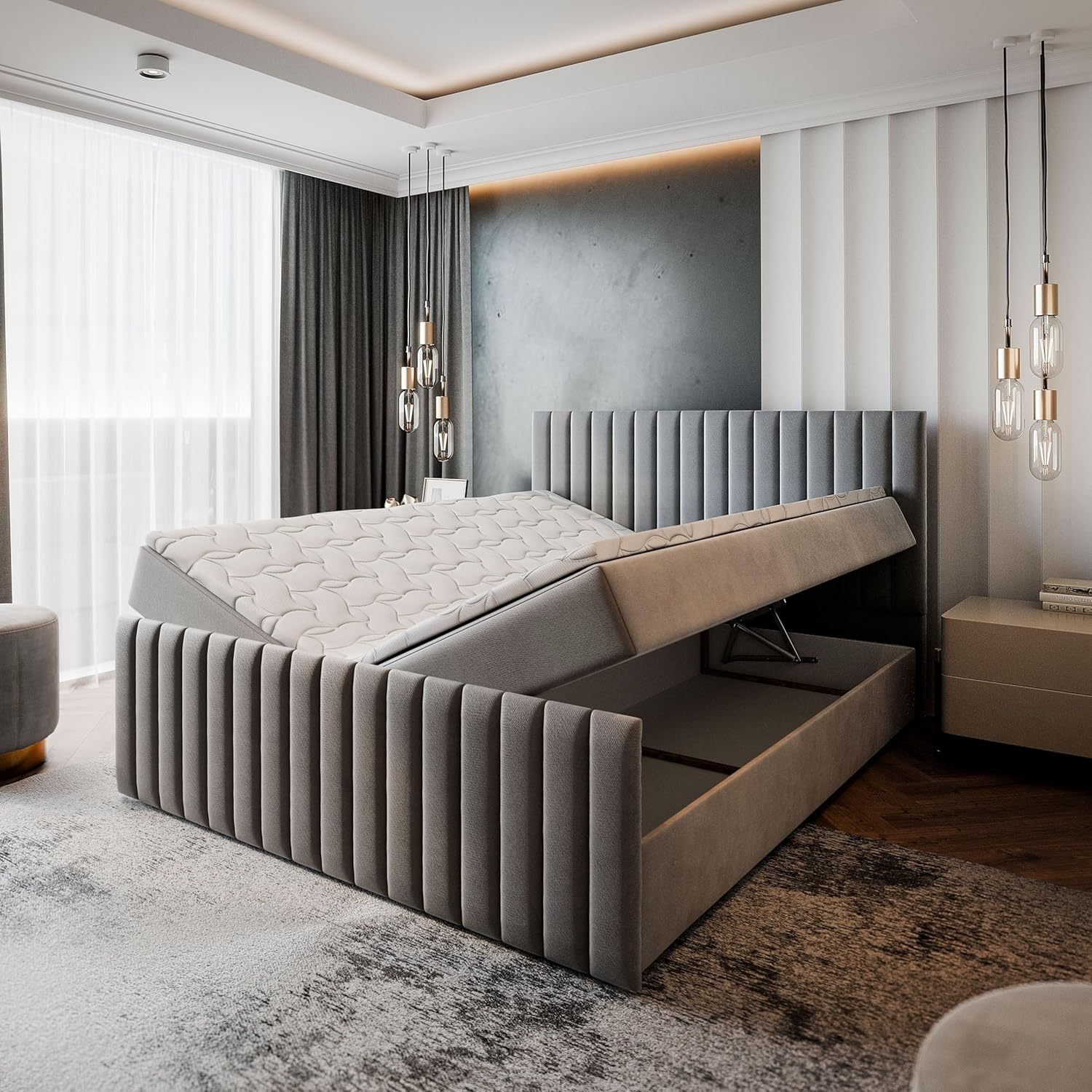 Masseno Boxspringbett Arion 160x200 cm Komplett-Set mit Matratze und Topper, Polsterbett mit Zwei Bettkästen -Blau, Kronos 09
