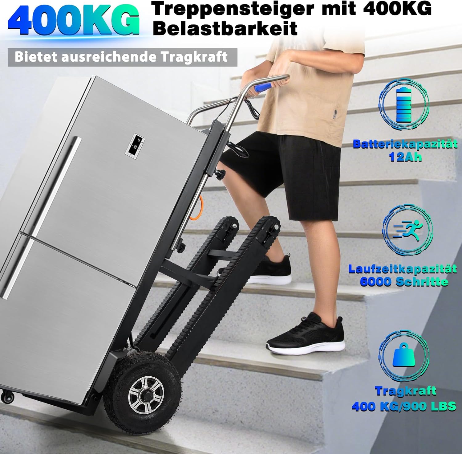 1250W Elektrische Sackkarre mit Gummiketten, Elektrischer Treppensteiger 900lbs Tragkraft, Treppen & Abstiege BewäLtigen, Schwere Treppensteiger mit Sicherheitsseil & Luftpumpe für Möbeltransportieren
