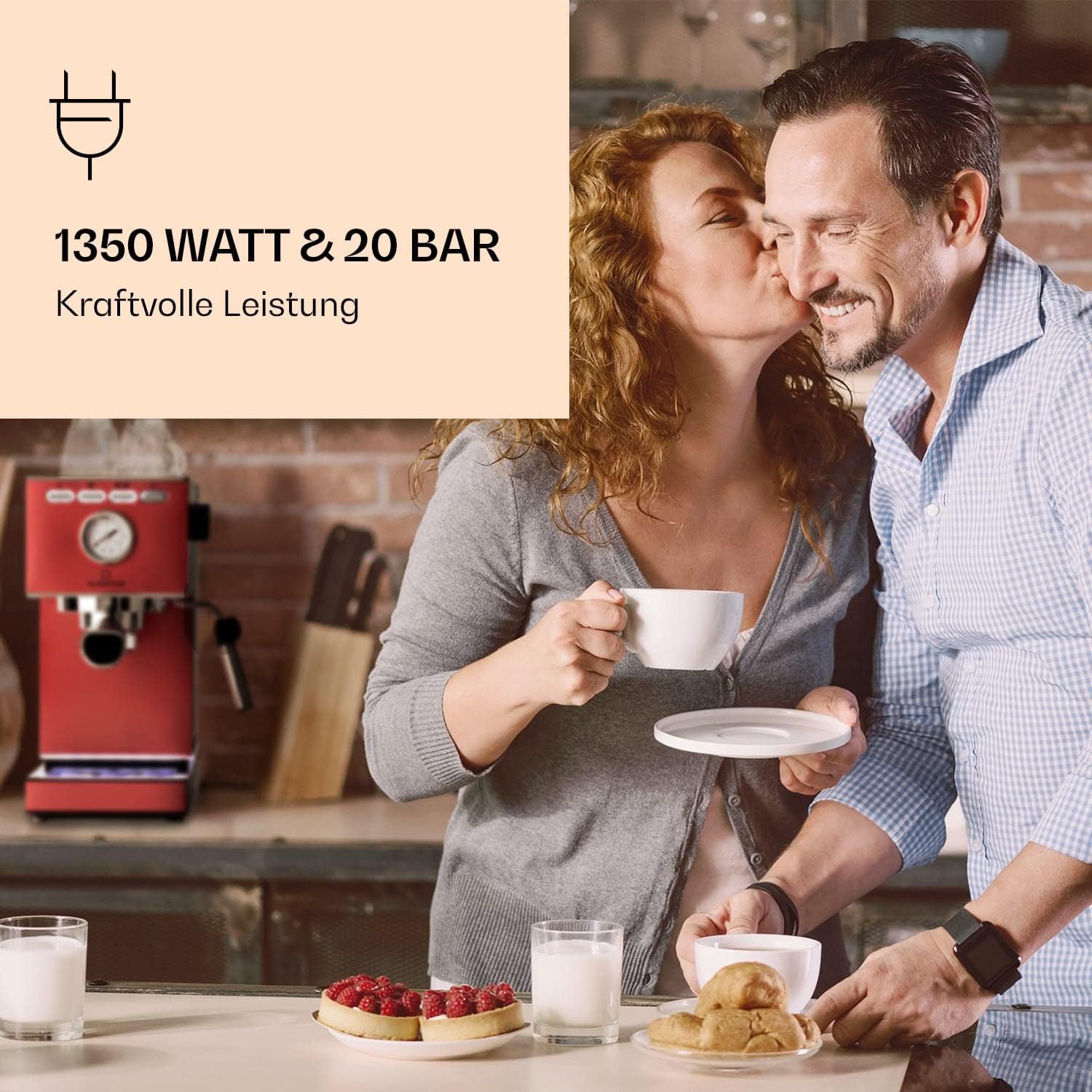 Klarstein Pausa Espressomaker, Siebträger mit 1350 Watt, Espressomaschine 20 Bar Druck, Espresso Siebträger mit Wassertank: 1,4 Liter Edelstahl,rot