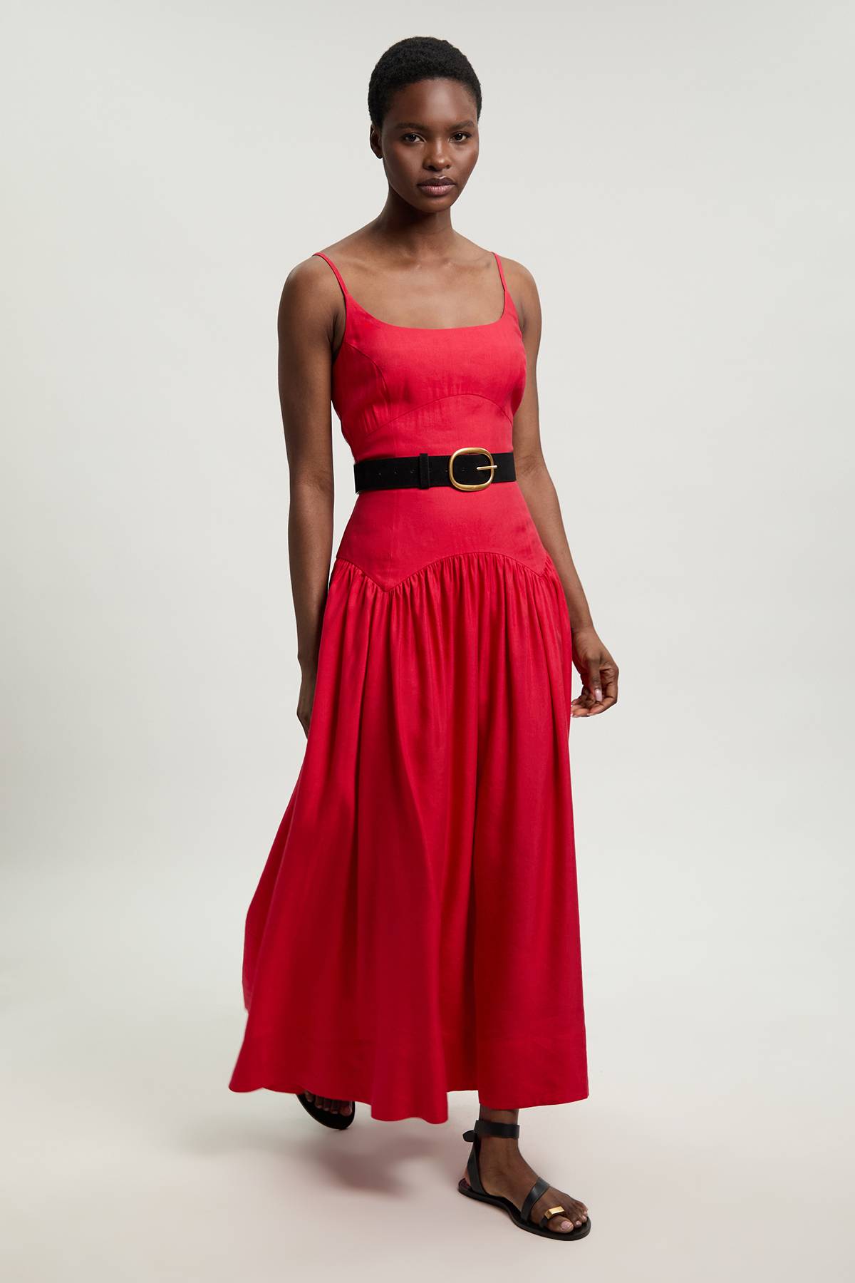 KarenMillen Robe Midi Tissée À Taille Basse Avec Ceinture En Viscose Et Lin