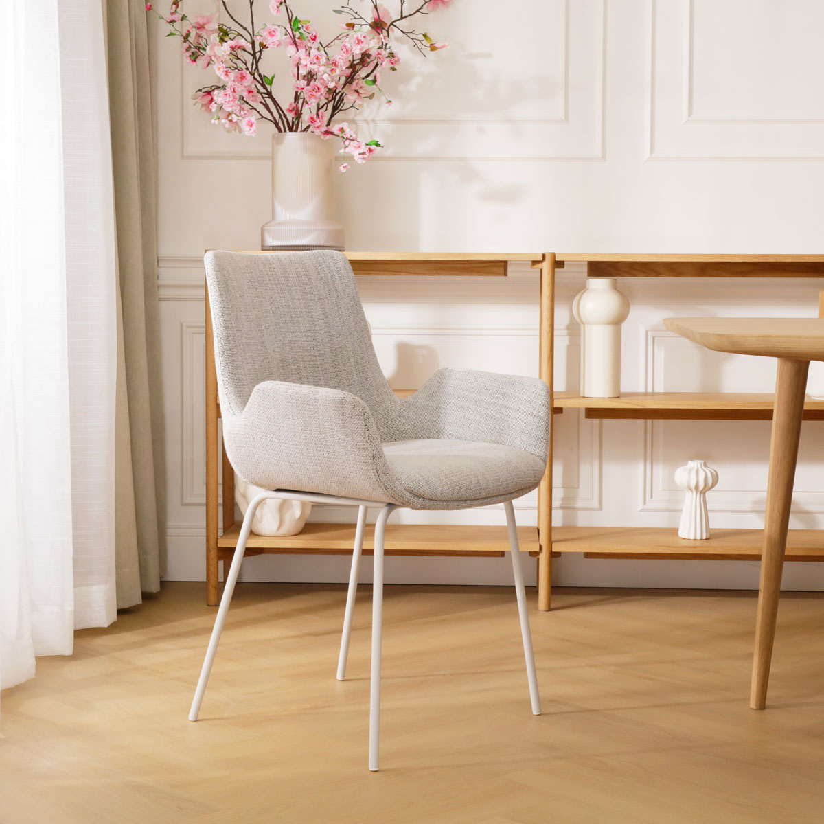 Eetkamerstoel Nora-Eef grijs beige gemêleerd - wit onderstel