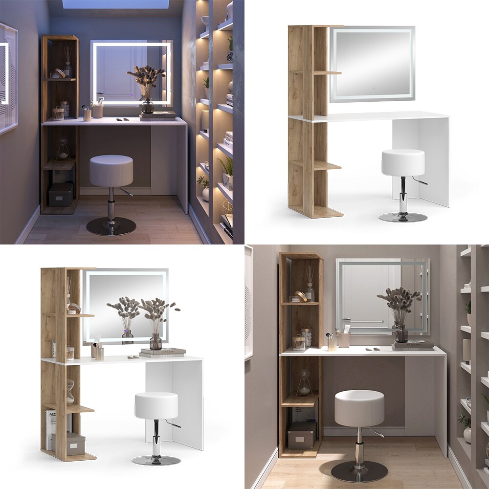 Vicco Schminktisch Tower Weiß Sonoma 122 x 55 cm mit LED-Spiegel und Hocker