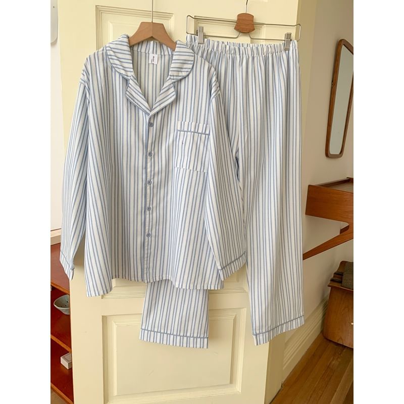 Tanee - Koppel bijpassende pyjamablouse met lange mouwen, V-hals en strepen en strik / overhemd met kraag / broek met rechte pijpen / set (verschillende ontwerpen)