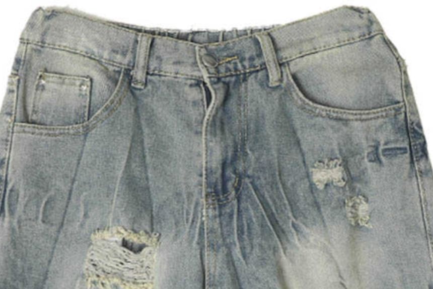 Fushet - Mid Rise Washed Distressed Denim Wijde Pijpen Jorts